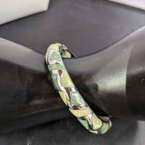 Enamel Clamper Bangle Lime‎ Green Swirl Enamelled Silver Plated Vintage.
